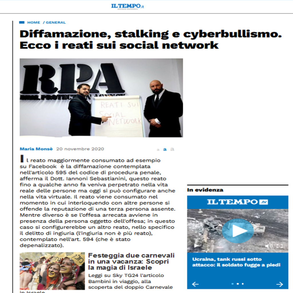 Intervista su ILTEMPO.IT.
Stalking, Cyberbullismo, Social Network